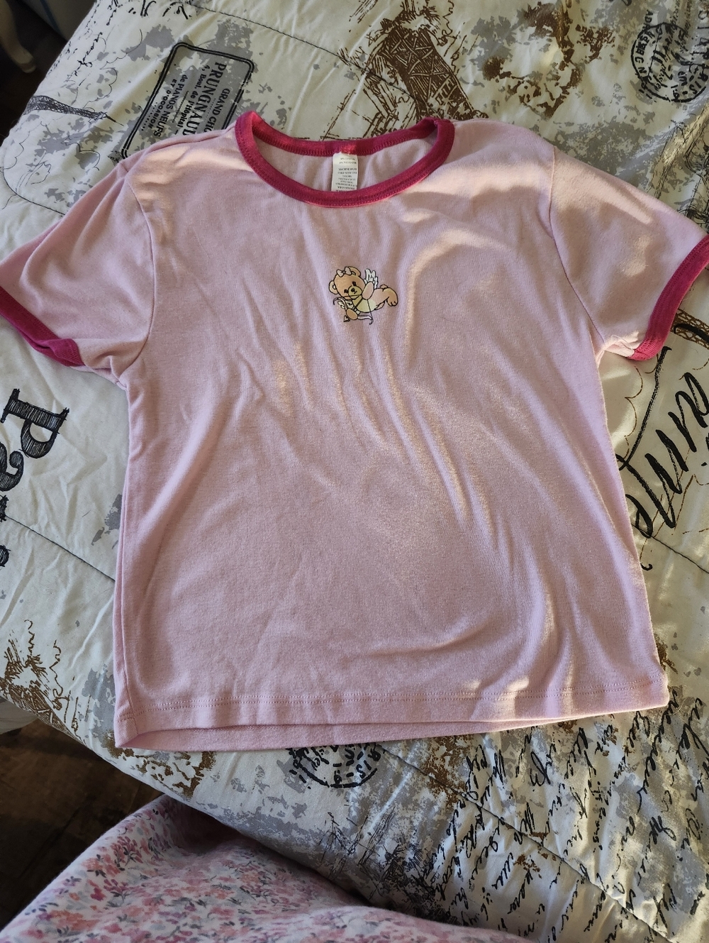 Light Pink Ringer Baby Tee with Winged Kitty Graphic